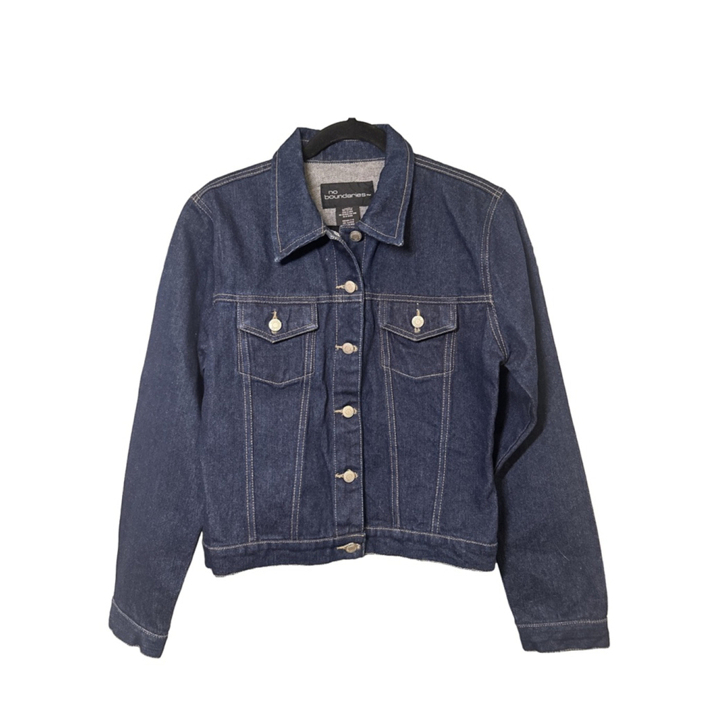 NWOT NO BOUNDARIES Denim Jacket Size JUNIORS 7 / 9 Dark Wash